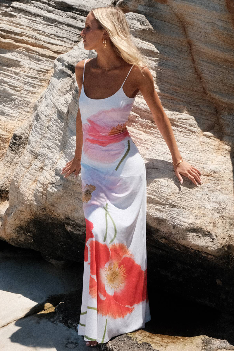 Floral Print U Neck Backless Vacation Slip Maxi Dresses-White