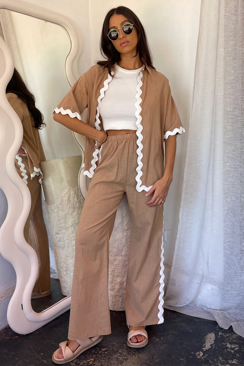 Colorblock Wavy Trim Half Sleeve Blouse Wide Leg Pants Matching Set-Beige