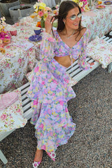 Tie Up Crop Top Layered Maxi Skirt Floral Matching Set-Purple Pre Order