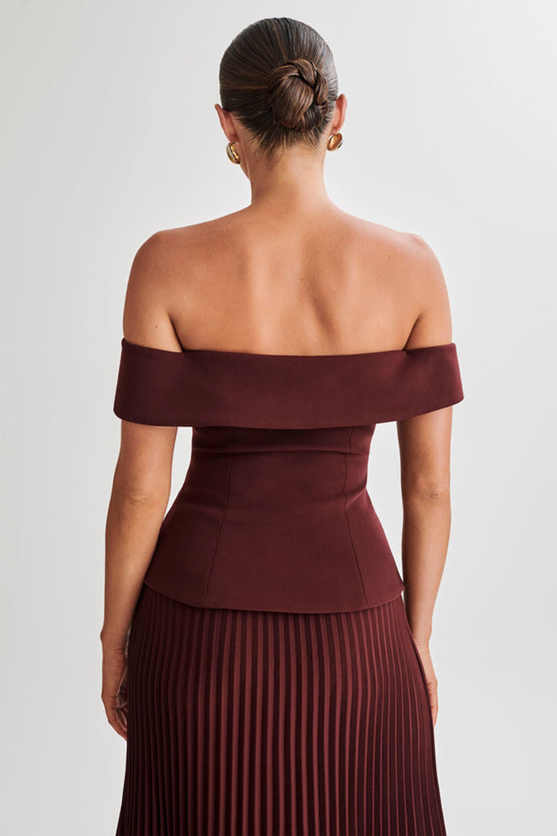 Off Shoulder Double Breasted Top Pleated Mini Skirt Matching Set-Burgundy