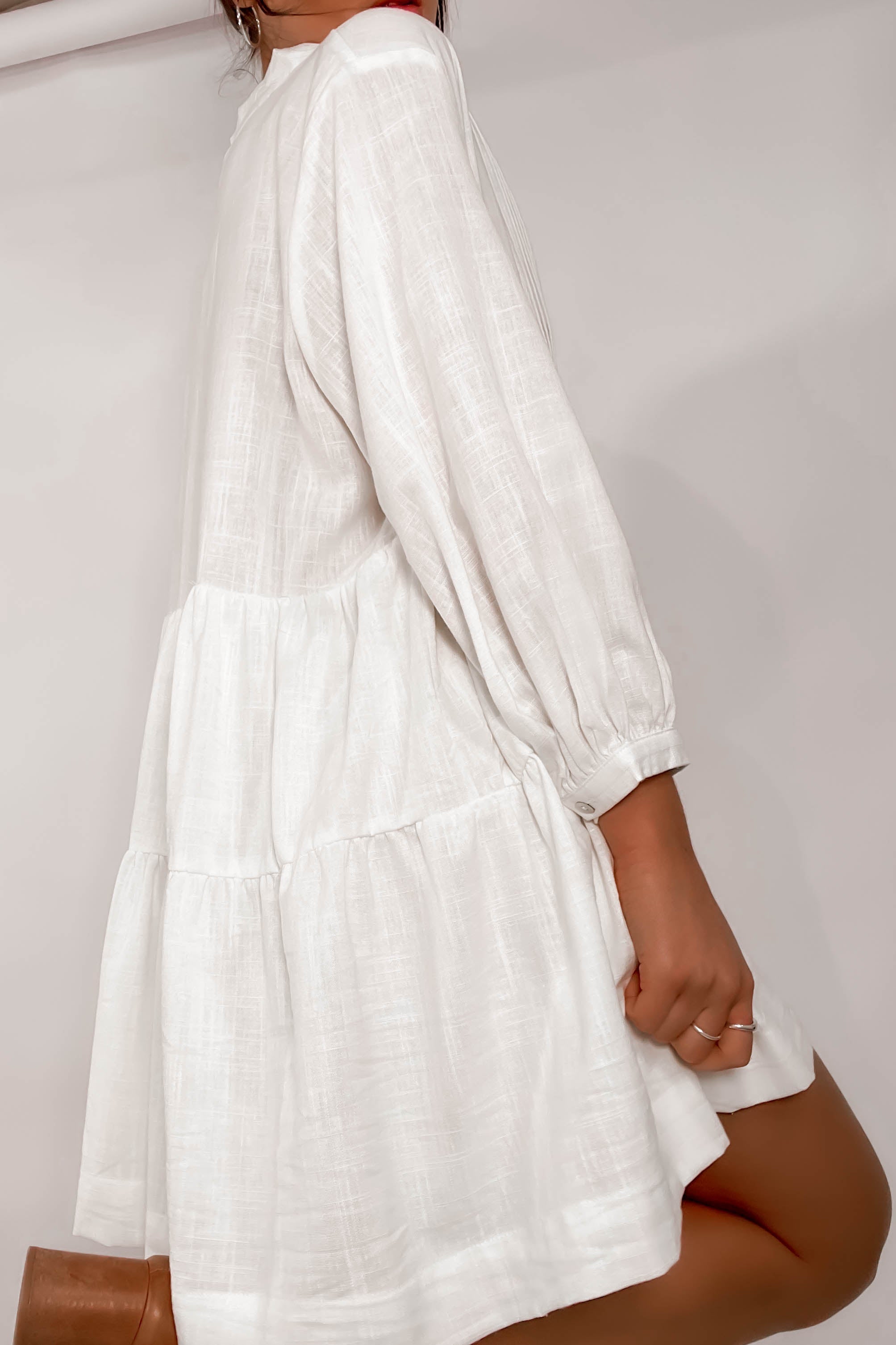 Long Sleeve Button White Mini Dresses