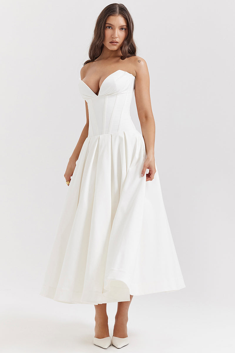 Deep V Neck Strapless Corset A-Line Pleated Midi Dresses-Black