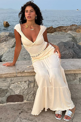 Deep V Neck Twisted Crop Top Ruched Maxi Skirt Matching Set-Beige