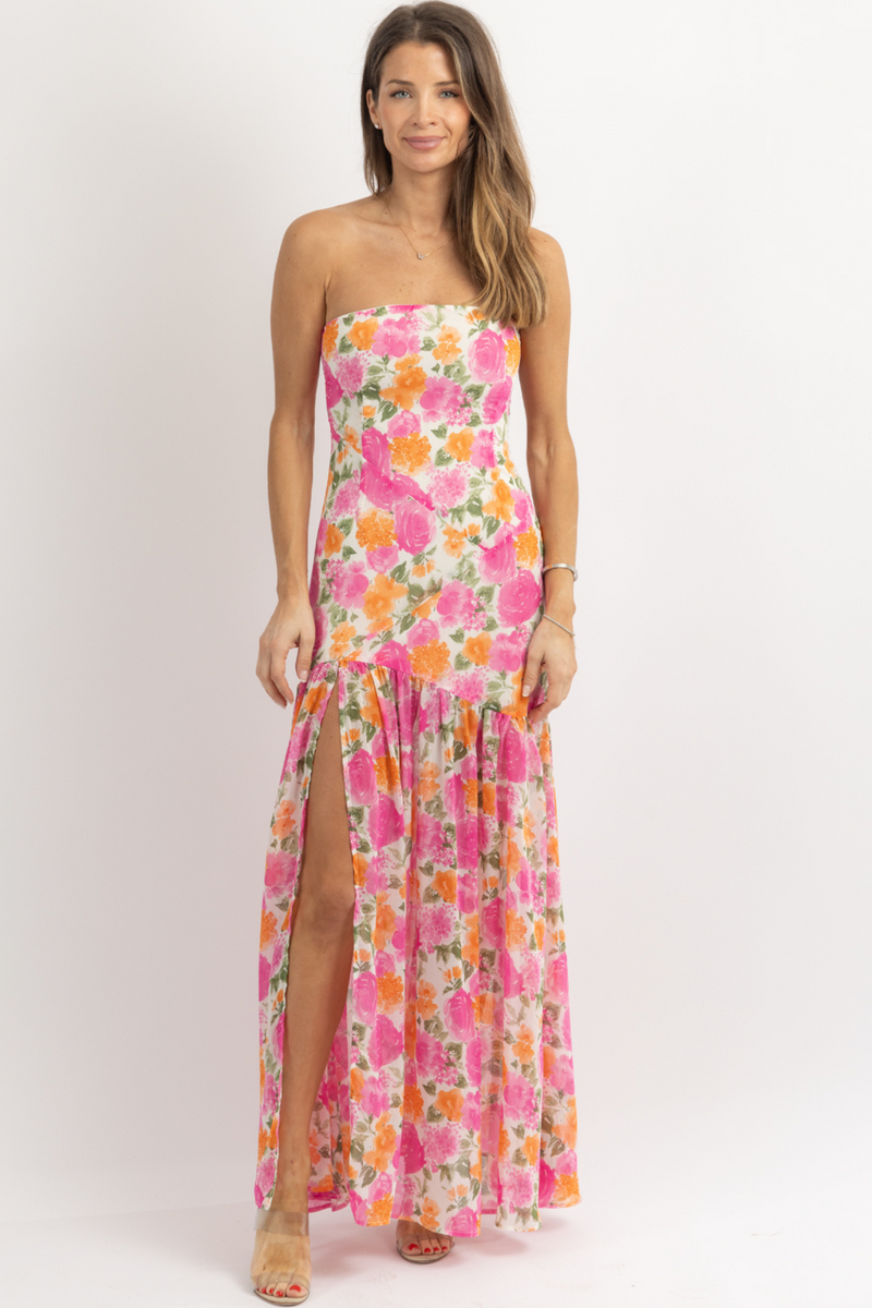 Floral Print Strapless Slit Side Flowy Maxi Dresses-Pink