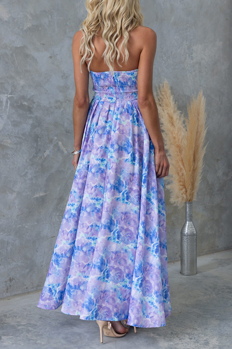 Floral Print V Neck Asymmetric Hem Vacation Maxi Dresses-Purple