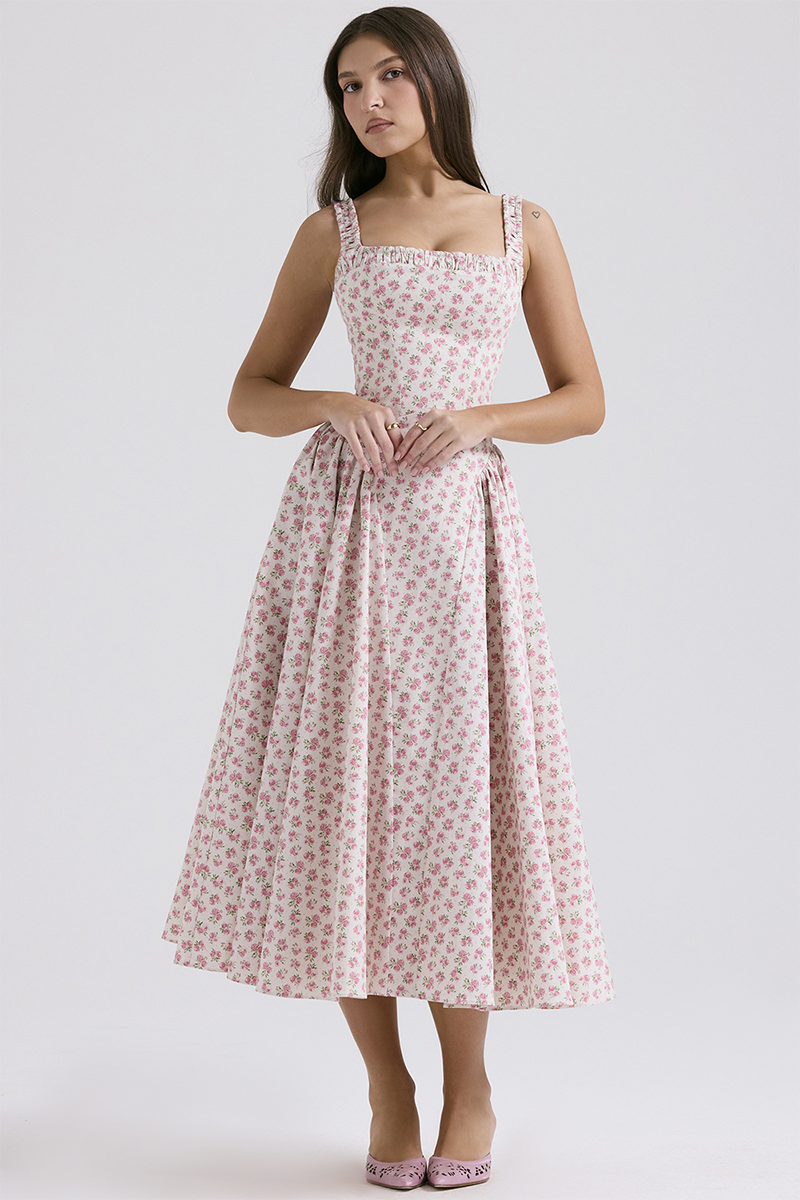 Wide Strap Square Neck Cinch Waist Ditsy Floral Print Midi Dresses-Pink