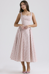 Wide Strap Square Neck Cinch Waist Ditsy Floral Print Midi Dresses-Pink