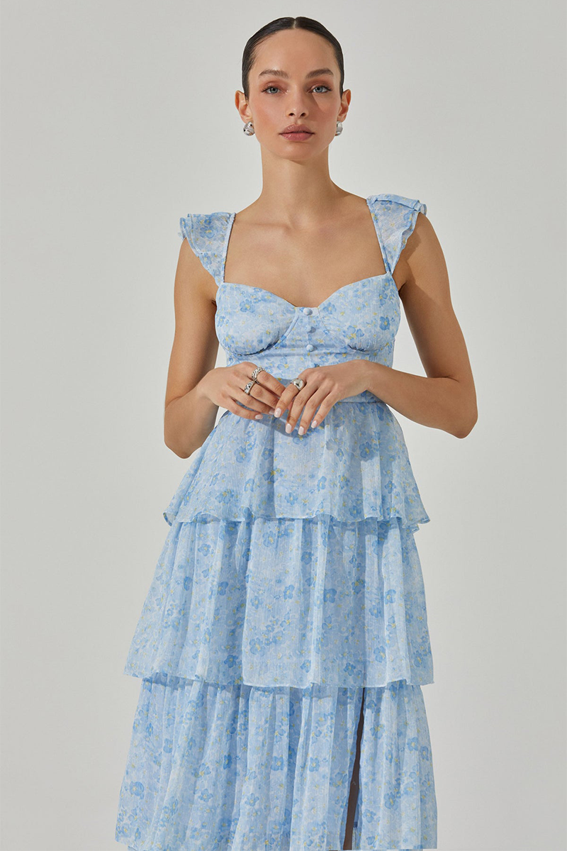 Ruffled Straps Tiered Flounced Slit Maxi Dresses-Blue