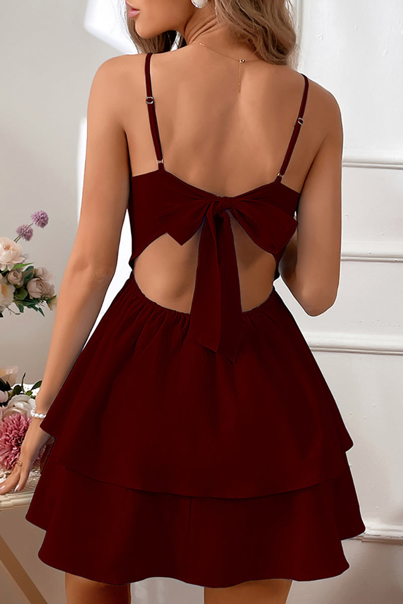 Cami Boat Neck Backless Cutout Bow Knotted Tiered Ruffle White Mini Dresses