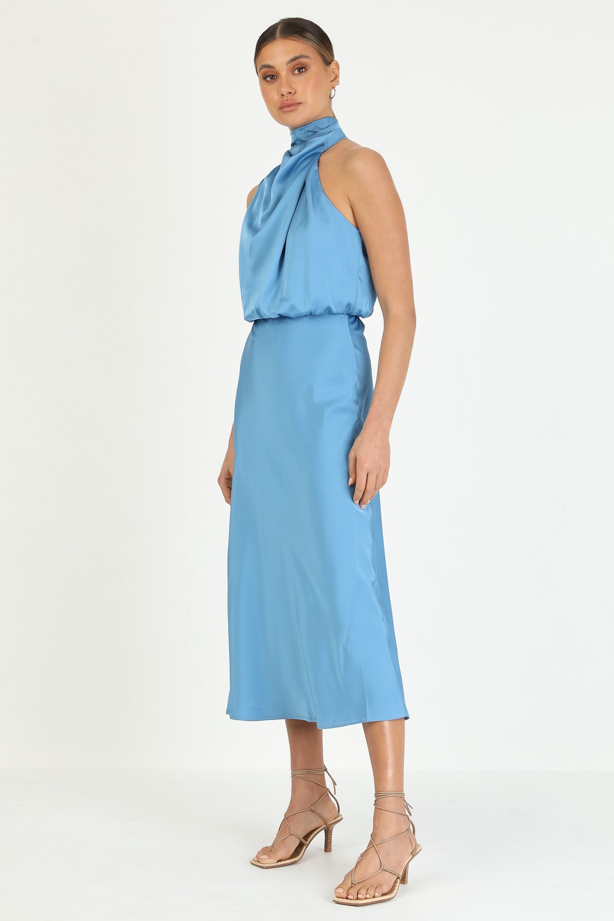Turtleneck Sleeveless Satin Midi Dresses
