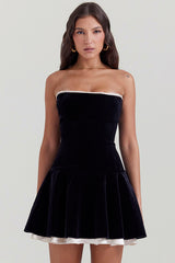 Velvet Strapless Lace Up Corset A-Line Pleated Mini Dresses-Black
