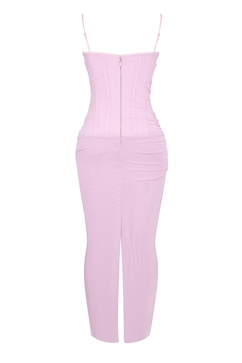 Lace Patchwork Corset Bodycon Maxi Slip Dresses-Pink