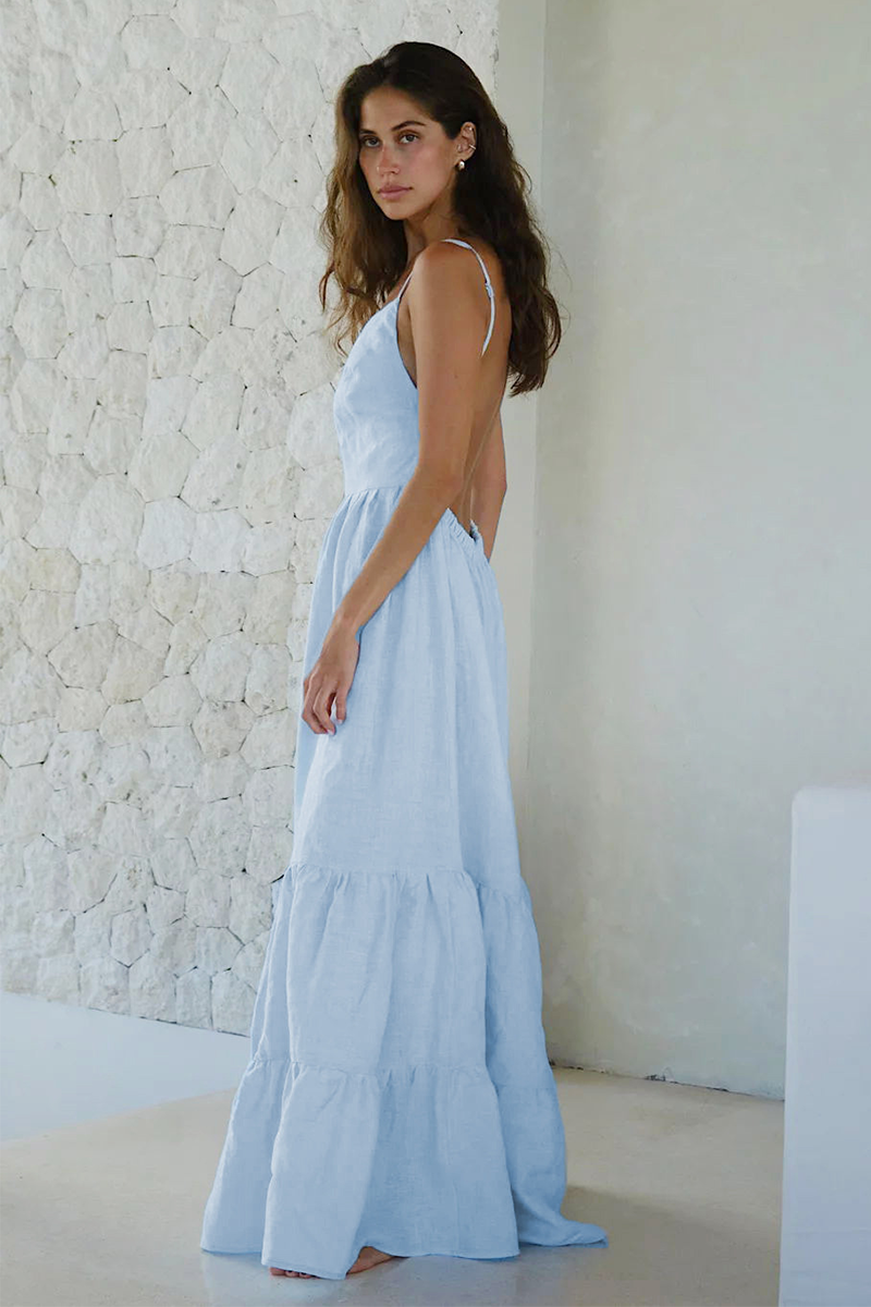 Solid Color Tie Up Backless A-Line Maxi Strappy Dresses-White