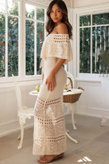 White Crochet Off Shoulder Hollow Out Vacation Slim Maxi Dresses