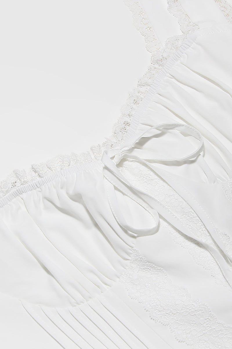 A-line White Boat Neck Tied Up Cami Backless Lace Up Pleated Embroidery Hem Mini Dresses