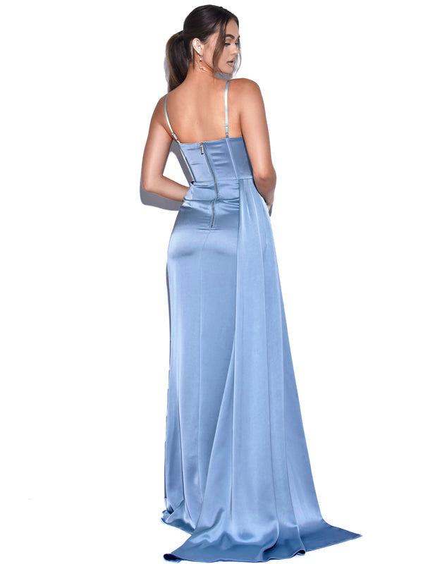 High Slit Irregular Neckline Satin Gown Slip Maxi Dresses