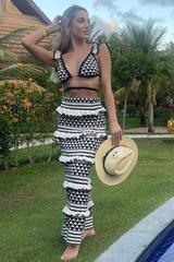 Knit Geometric Striped Pattern Crop Top Frilled Maxi Skirt Matching Set-Black