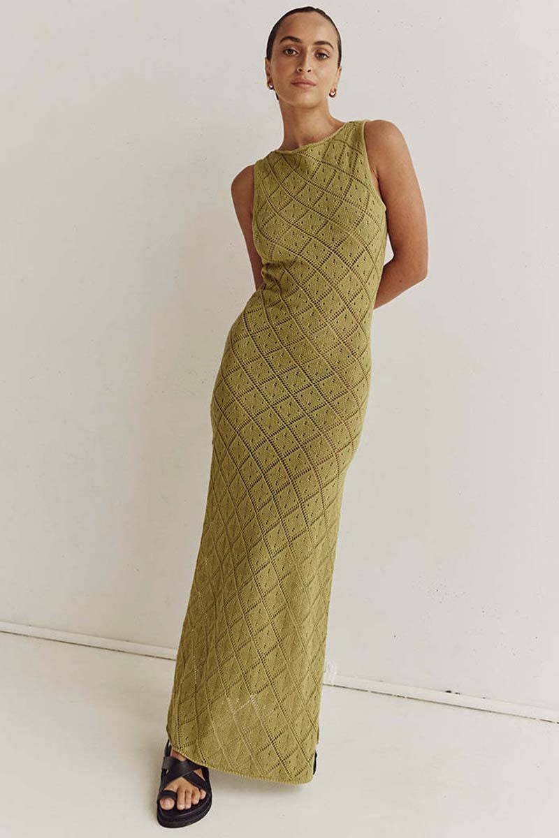 Hollow Out Boat Neck Sleeveless Knitted Bodycon High Slit Cover Up White Maxi Dresses
