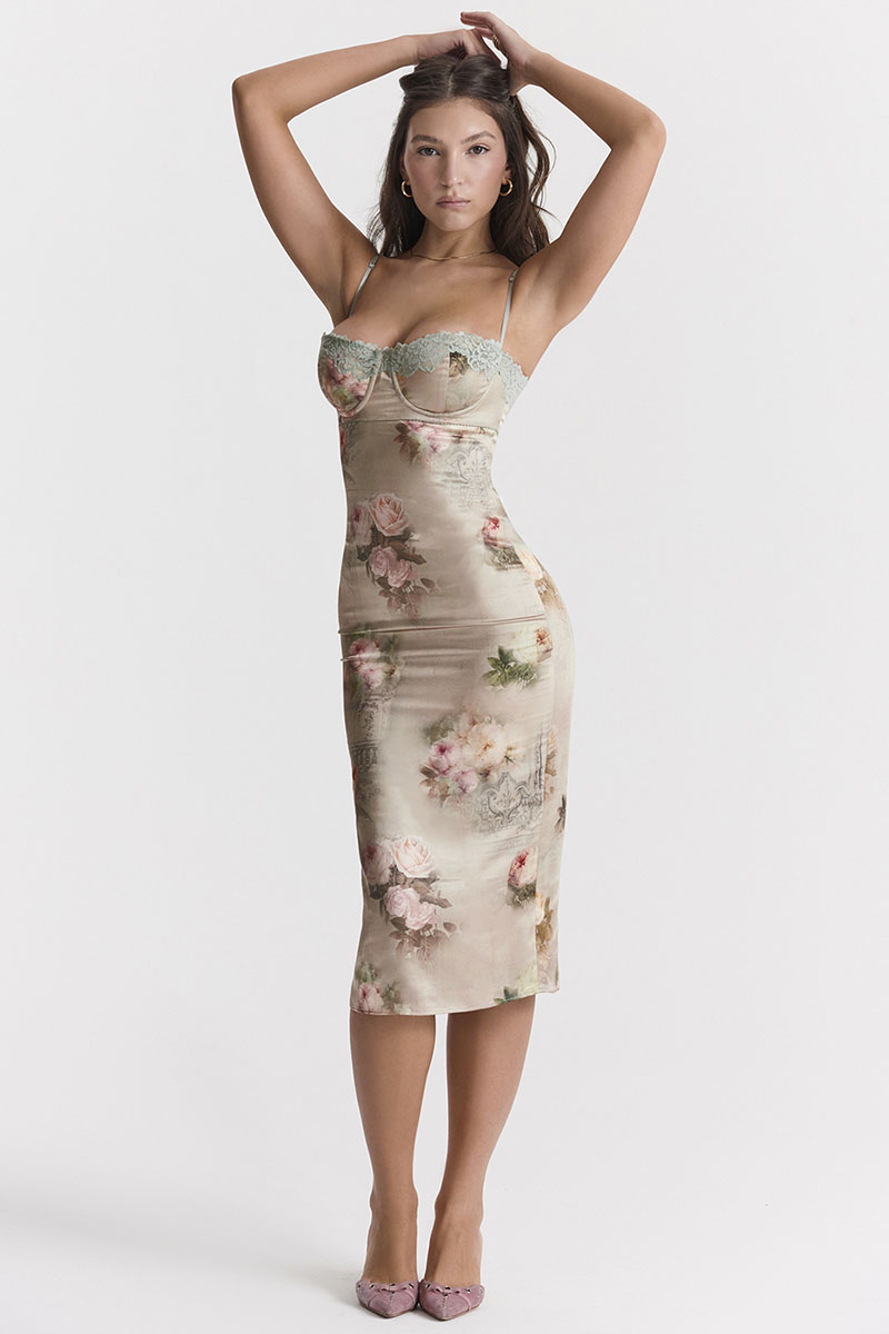 Floral Print Lace Trim Bustier Cocktail Party Cami Midi Dresses