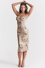 Floral Print Lace Trim Bustier Cocktail Party Cami Midi Dresses
