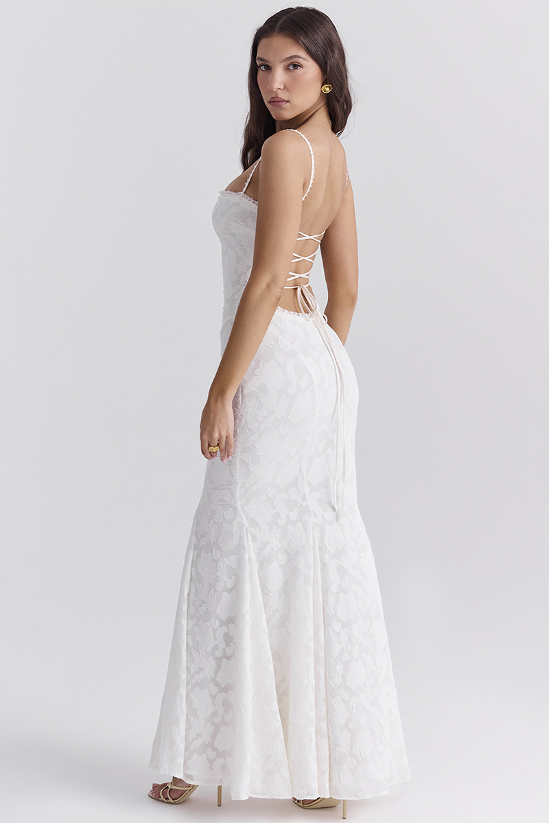 Jacquard Lace Back Lace Up Fishtail Hem Slip Maxi Dresses-White