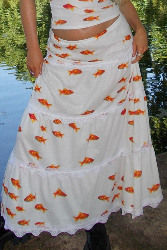Goldfish Pattern Crop Cami Ruffled Lace Trim Maxi Skirt Matching Set-White