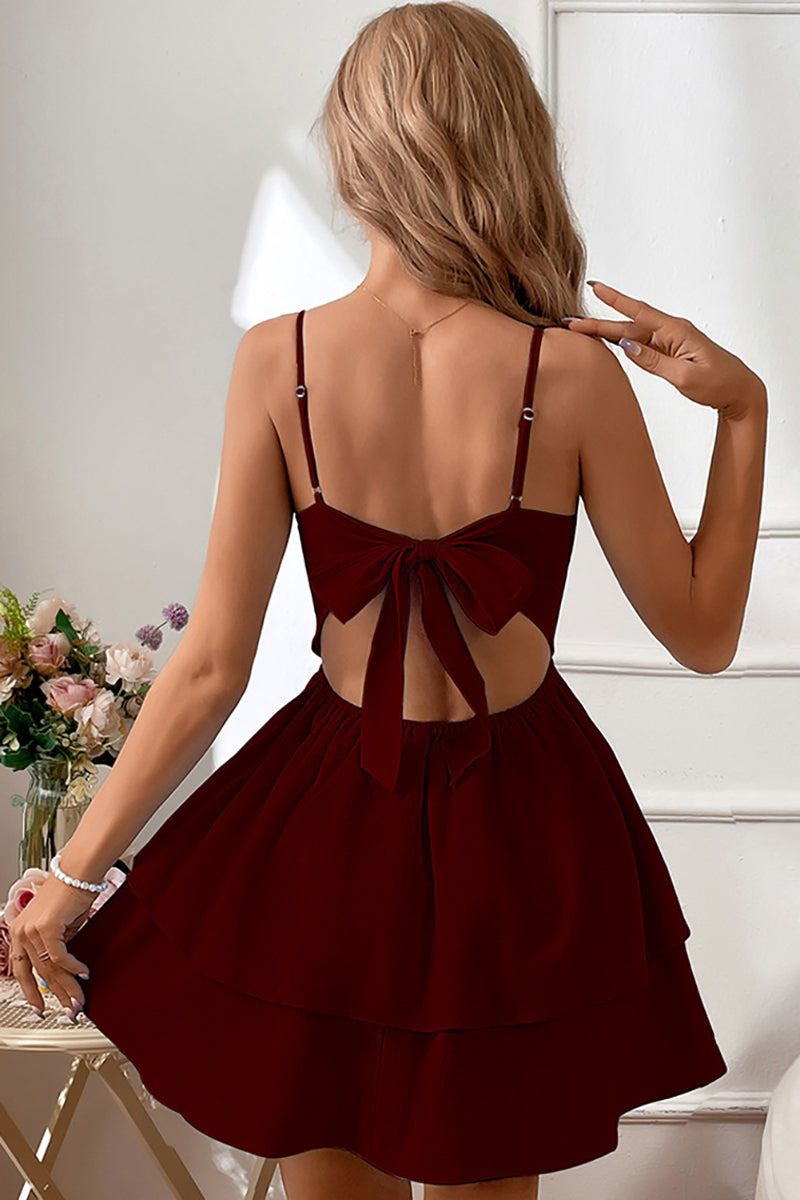 Cami Boat Neck Backless Cutout Bow Knotted Tiered Ruffle White Mini Dresses