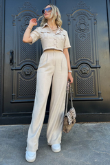 Solid Color Short Sleeve Crop Blouse Straight Leg Pants Matching Set-Beige