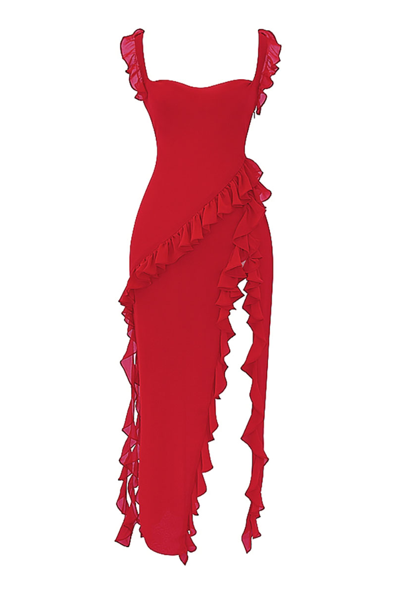 Ruffle Cami Boat Neck Backless High Slit Ruffle Hem Mesh Formal Party Maxi Dresses