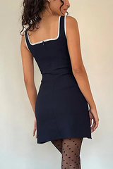 Square Neck Contrast Binding Slim Fit Bow Decor Mini Tank Dresses-Black