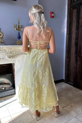 Boat Neck Floral Pattern Backless A-Line Midi Slip Dresses-Yellow