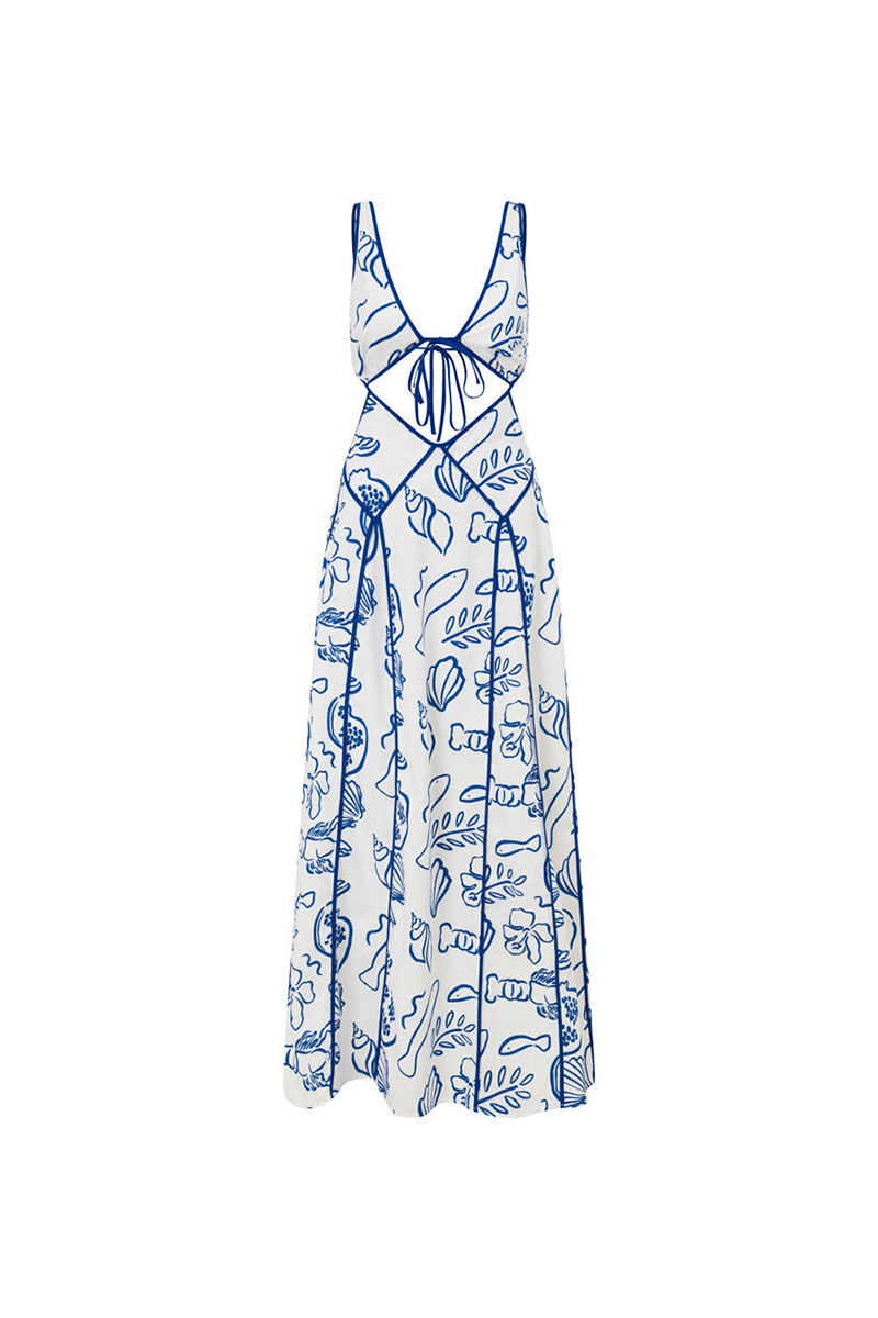 Shoreline Print Cutout Deep V Neck Backless Tie Up Maxi Tank Dresses-Blue