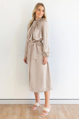 Ruched Knotted Long Sleeve Satin Midi Dresses