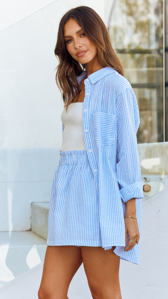 Relaxed Fit Button Up Shirt Set-Pink/Blue Stripe