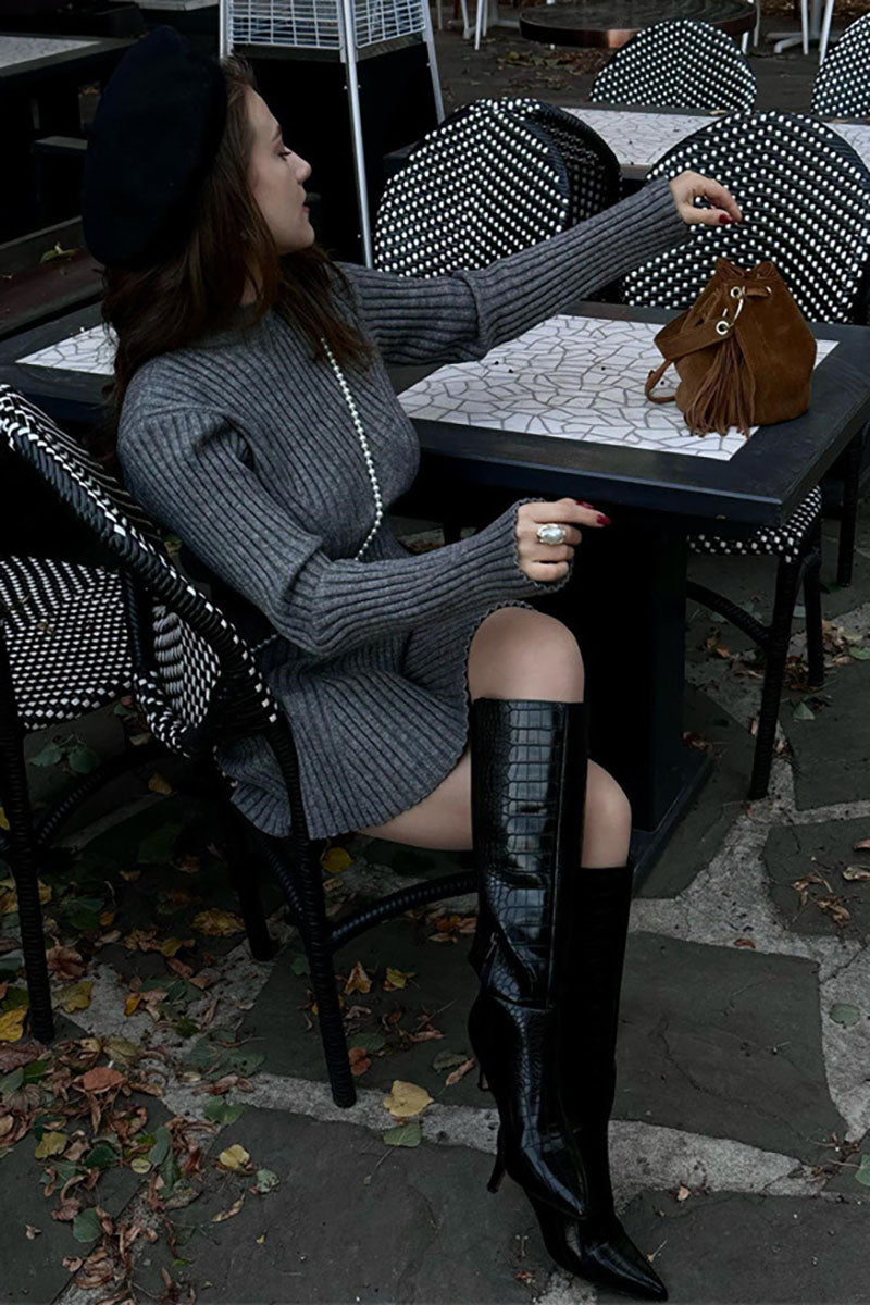 Pleated Knit Mock Neck Long Sleeve A-Line Slim Fit Sweater Mini Dresses-White