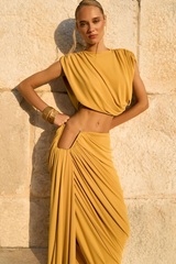 Sleeveless Crop Top Ruched Midi Skirt Matching Set-Yellow