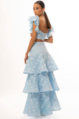 Flutter Sleeve Crop Top Layered Maxi Skirt Lace Matching Set-Blue Pre Order