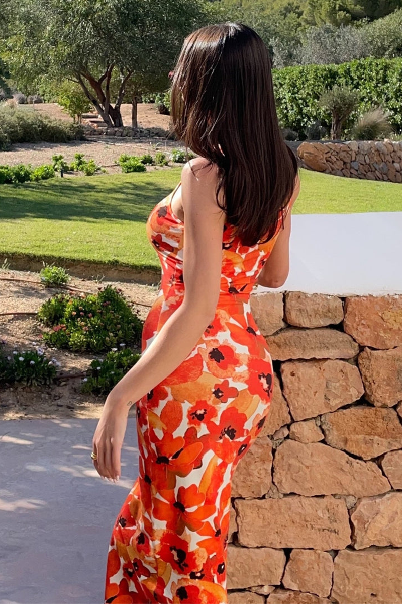 Floral Print Slim Fit Maxi Tank Dresses-Red Pre Order