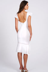 Irregular Neck Lace-Up Lace Trim Fishtail Midi Dresses-White Pre Order