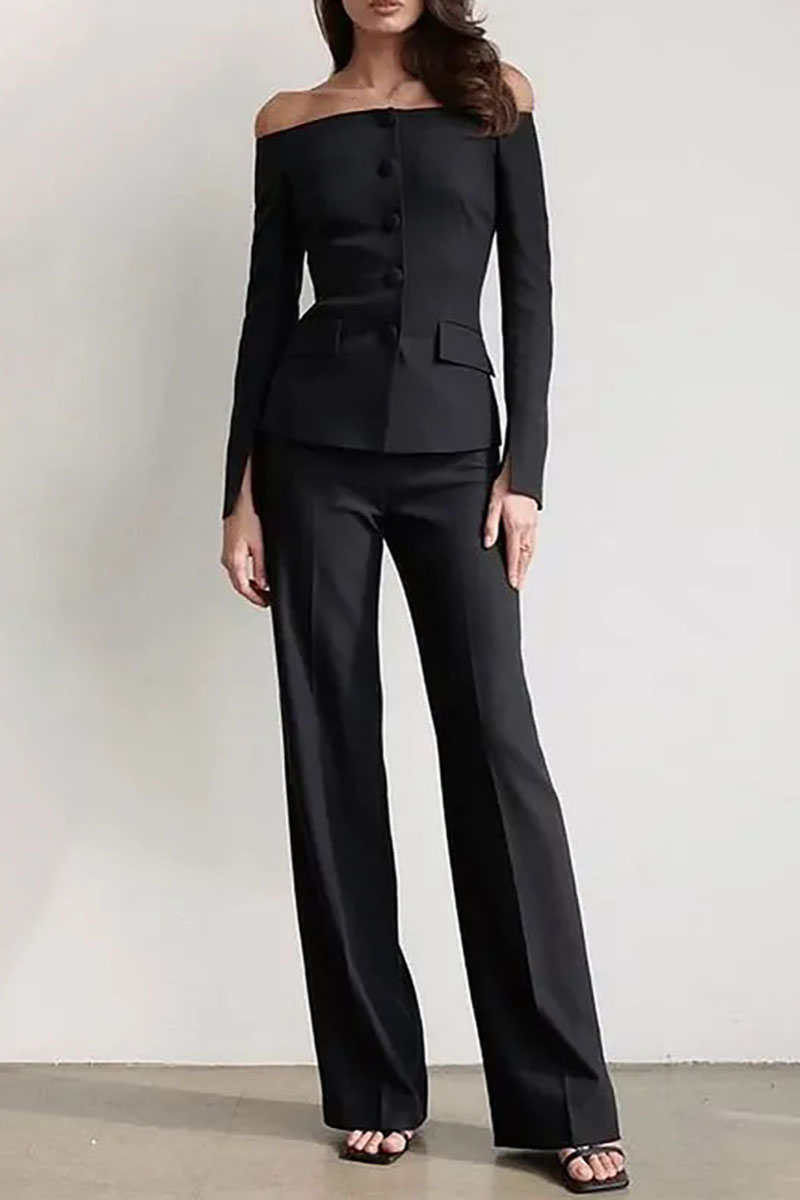 Off Shoulder Long Sleeve Button Up Top Straight Leg Pants Matching Set-Black