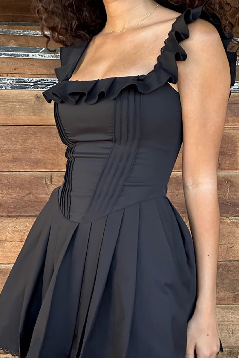 Ruffled Trim Square Neck Cinch Waist Sleeveless Pleated Mini Dresses-Black