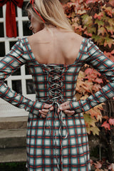 Long Sleeve Square Neck Lace Up Plaid Print Mini Dresses-Red