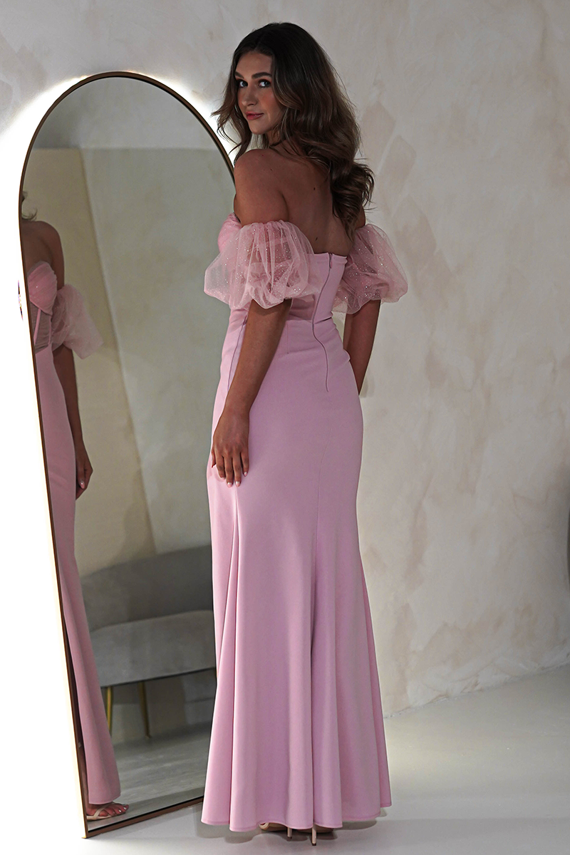 Tulle Patchwork Puff Sleeve Corset High Slit Maxi Dresses-Pink