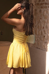 One Shoulder Lace Up Sleeveless A-Line Mini Dresses-Yellow Pre Order