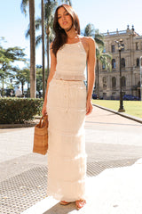 Backless Halter Top Wrinkle Ruffle Maxi Skirt 2pcs Set-Beige