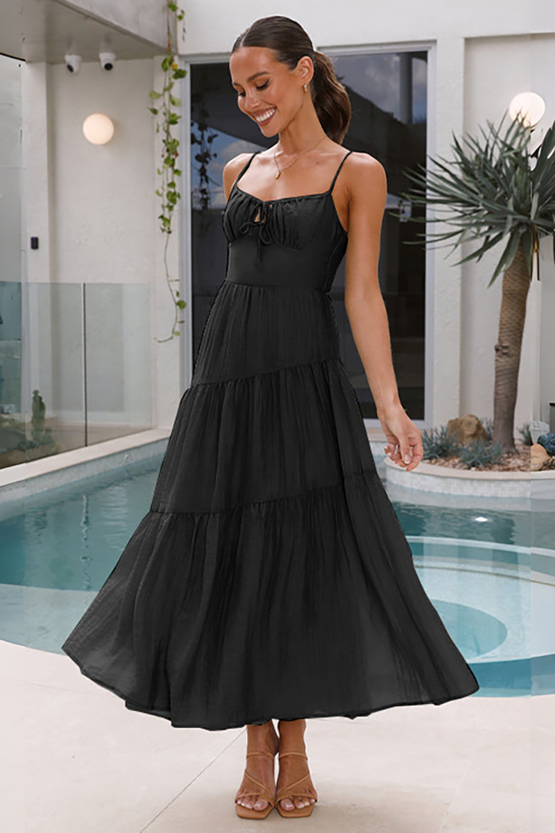 Front Tie Up Spaghetti Strap A-Line Flowy Shirred Maxi Dresses-Pink