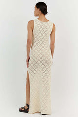 Hollow Out Boat Neck Sleeveless Knitted Bodycon High Slit Cover Up White Maxi Dresses