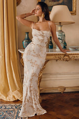 Shimmering Floral Pattern Lace Up Backless Fishtail Hem Slip Maxi Dresses-White