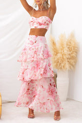Floral Print Cami Crop Top Layered Maxi Skirt Matching Set-Pink