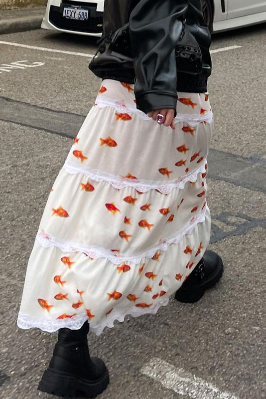 Goldfish Pattern Crop Cami Ruffled Lace Trim Maxi Skirt Matching Set-White